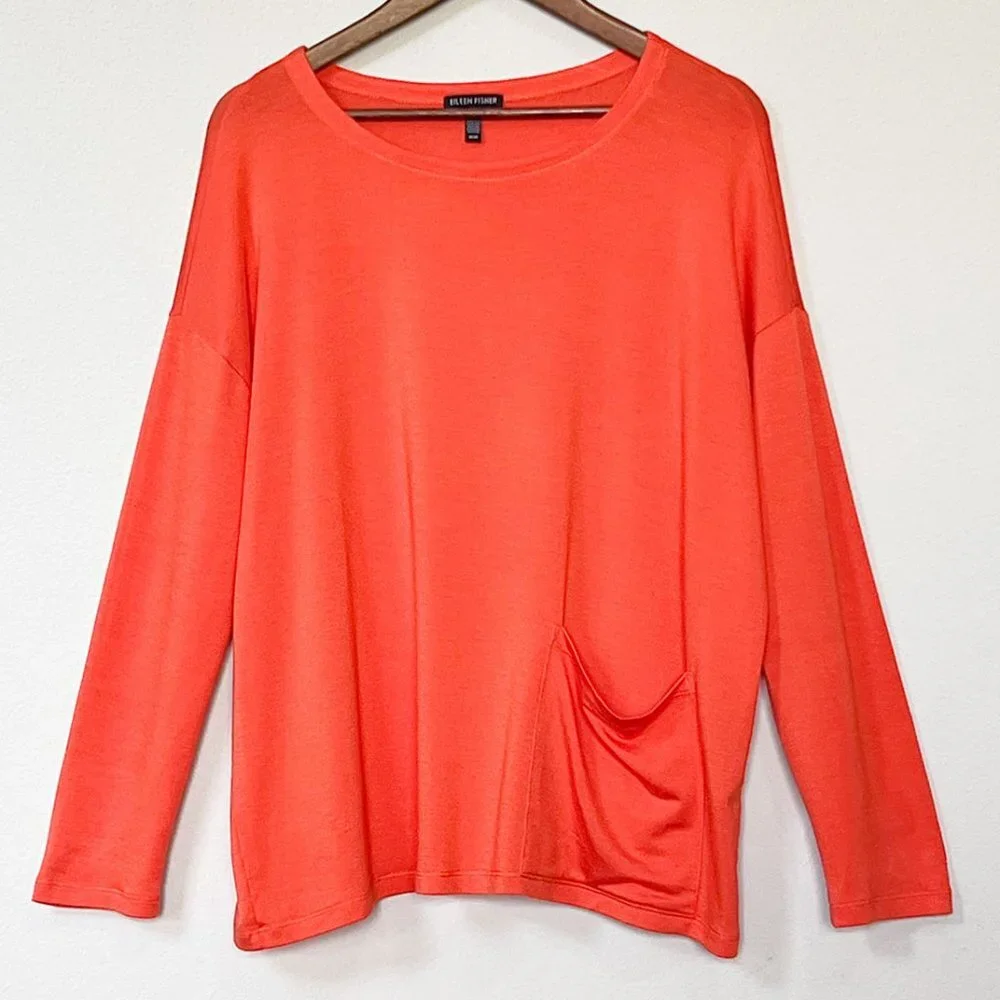 Eileen Fisher Tencel Stretch Terry Patch Pocket Long Sleeve Top Hot Red Orange M - Picture 4 of 15